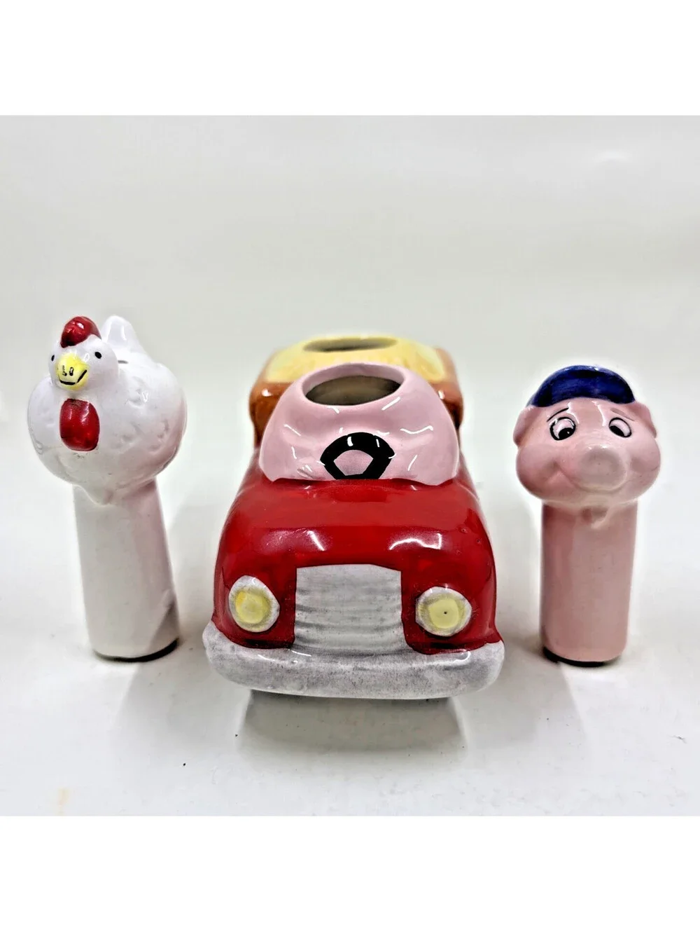 Vintage Clay Art  Pig Driving Truck with Chicken Nodding Shaker Set 1994