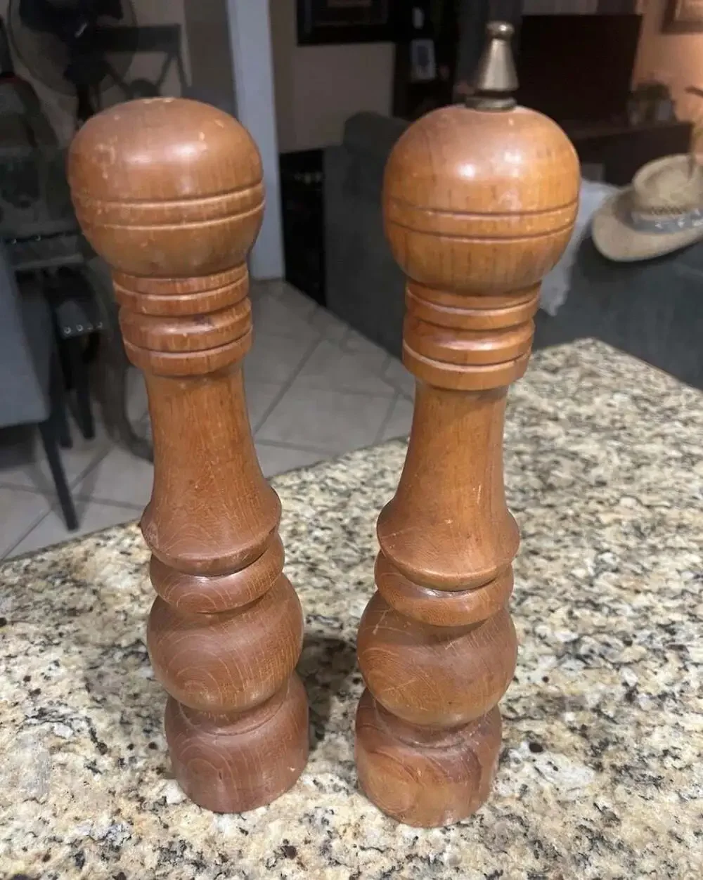 Vintage Mid Century Modern Turned Wood Salt Shaker and Pepper Grinder Mill Set