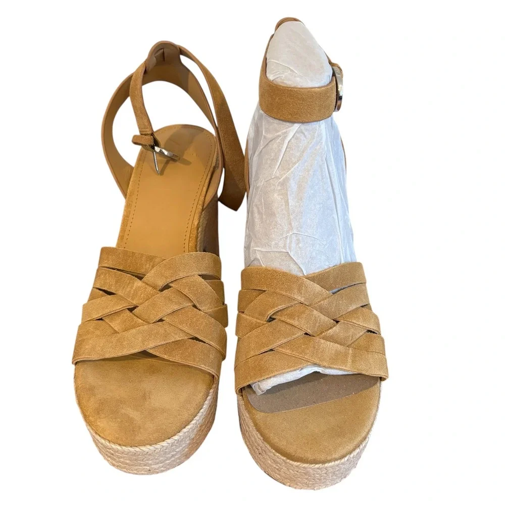 NIB Marc Fisher LTD Oaten Tan Suede‎ Espadrille Platform Wedge Sandals 8.5M