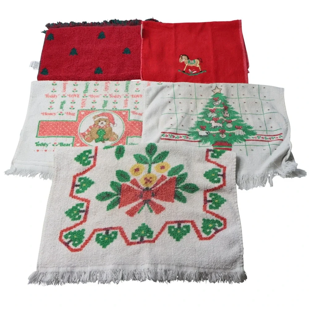 Vintage Christmas Hand Towel Lot of 5 Simtex‎ Franco Cotton Holiday Decor Kitsch