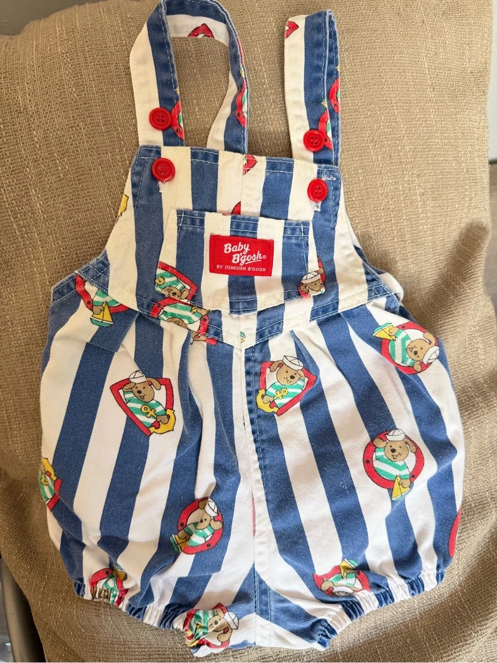 Vintage 80s OshKosh B'gosh Sailor Puppy nautical AOP Striped Bubble Romper. 18m