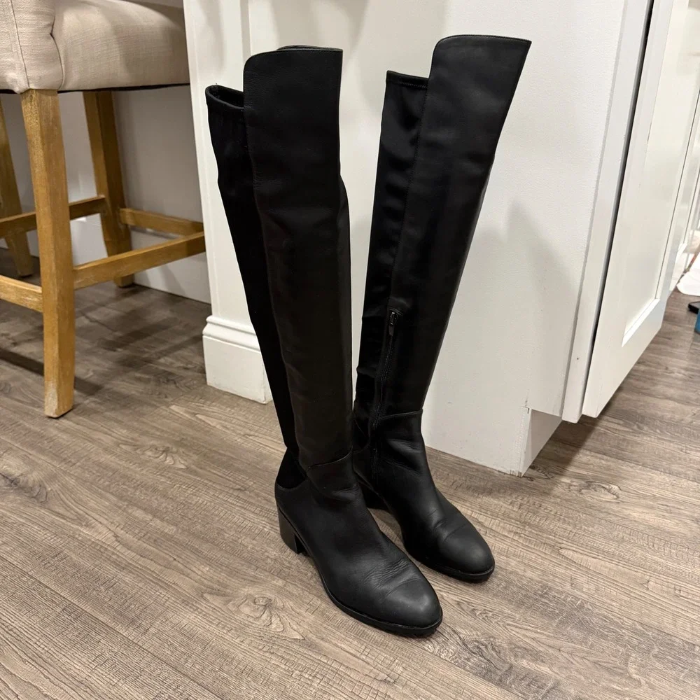 Via Spiga Womens Black Leather Over The Knee Block Heel Boots Almond Toe Zip