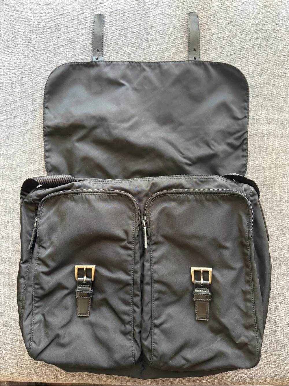 Prada Black Nylon Crossbody Messenger Bag with Buckle Accents