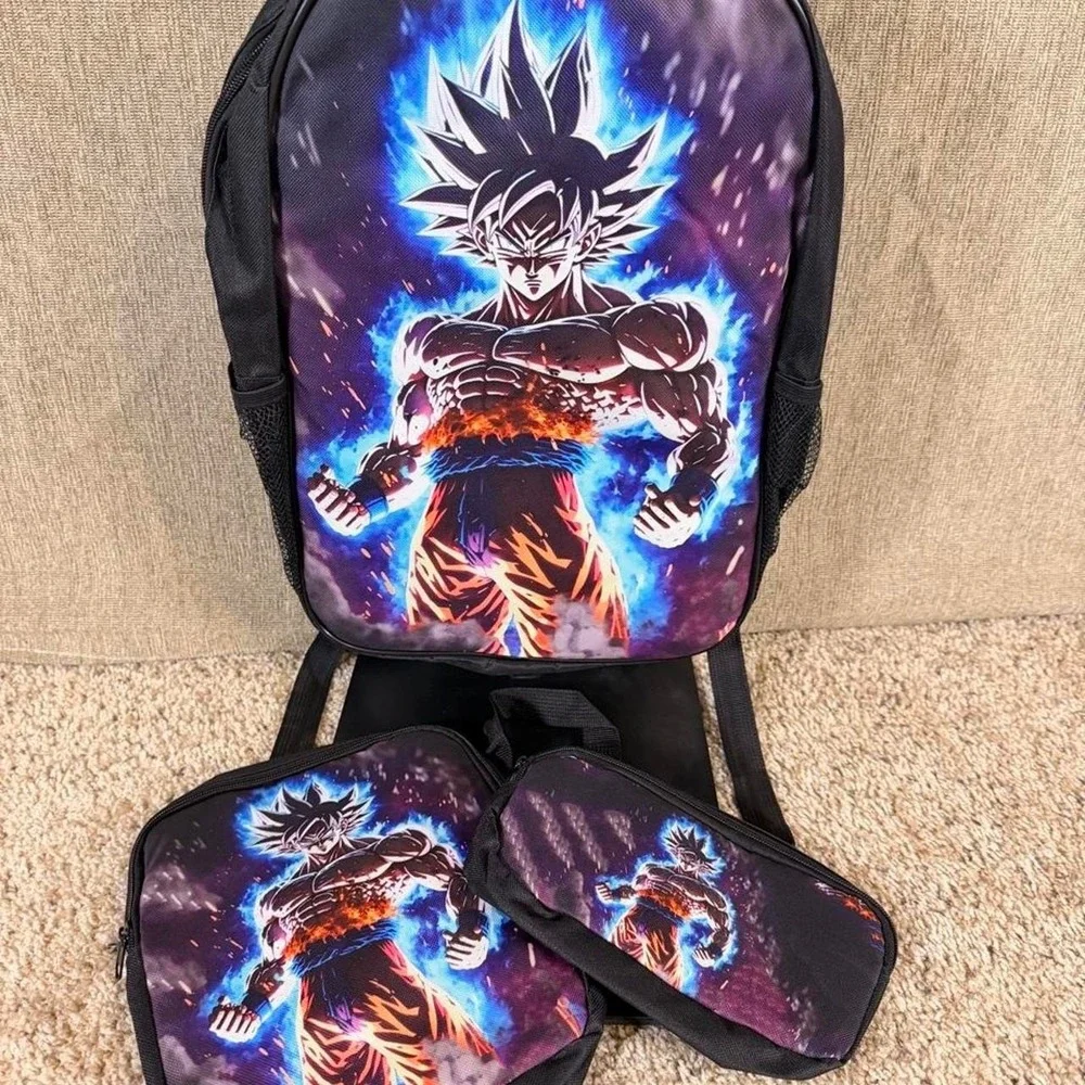 Dragon Ball Z Goku backpack with matching lunch bag and pencil case set..