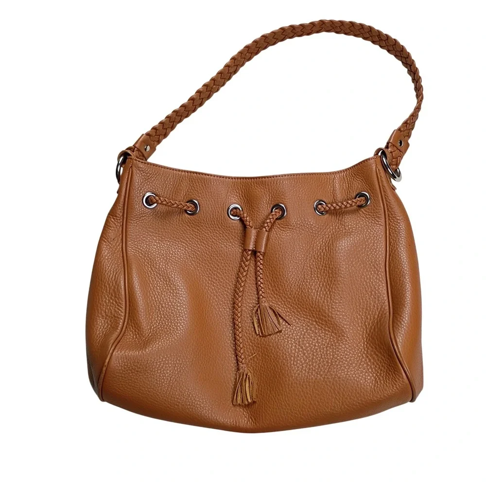 Talbots Hobo Bag Womens Medium Cognac‎ Brown Leather Braided Tassel