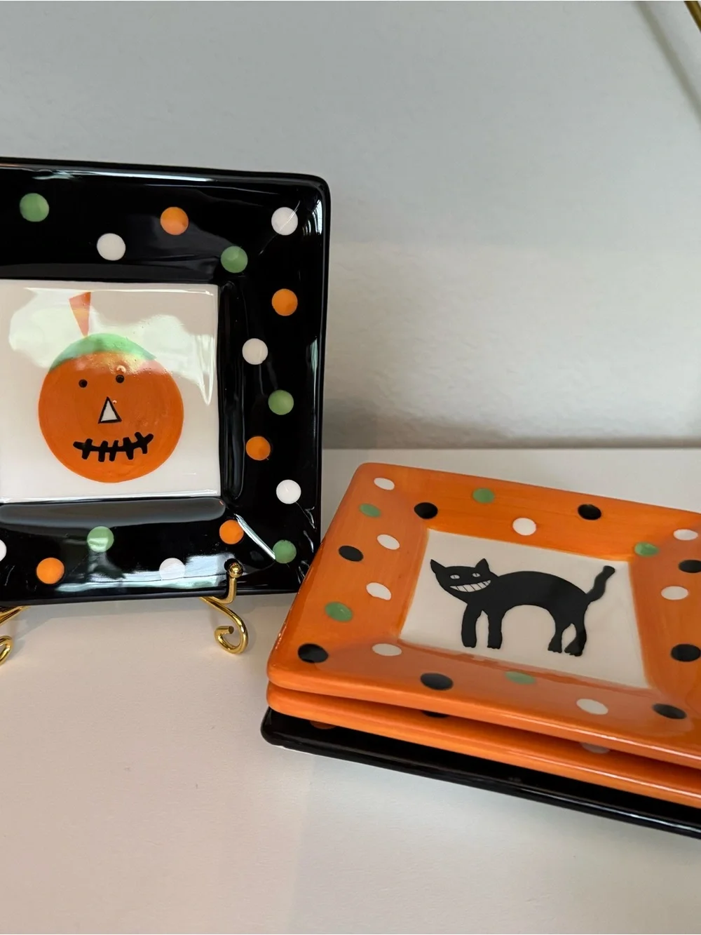 VTG tag Halloween Square Plates Set of 4 Cat & Pumpkin