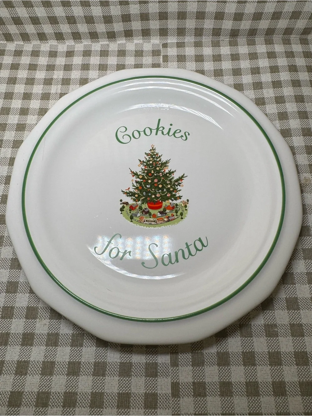 Pfaltzgraff White Plate with Green Trim and Christmas Tree Motif