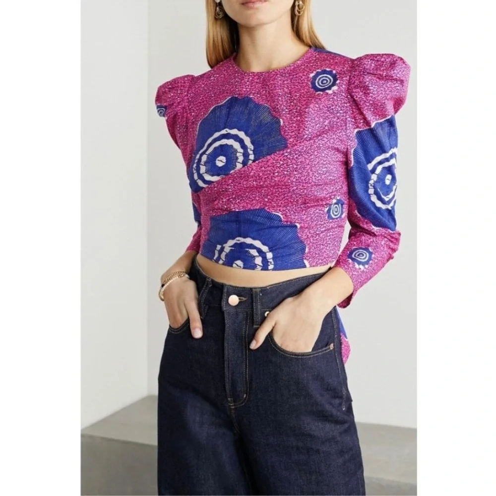 Ulla Johnson Eden Open Back Cotton Poplin Blouse Pink‎ Purple Floral Size 4