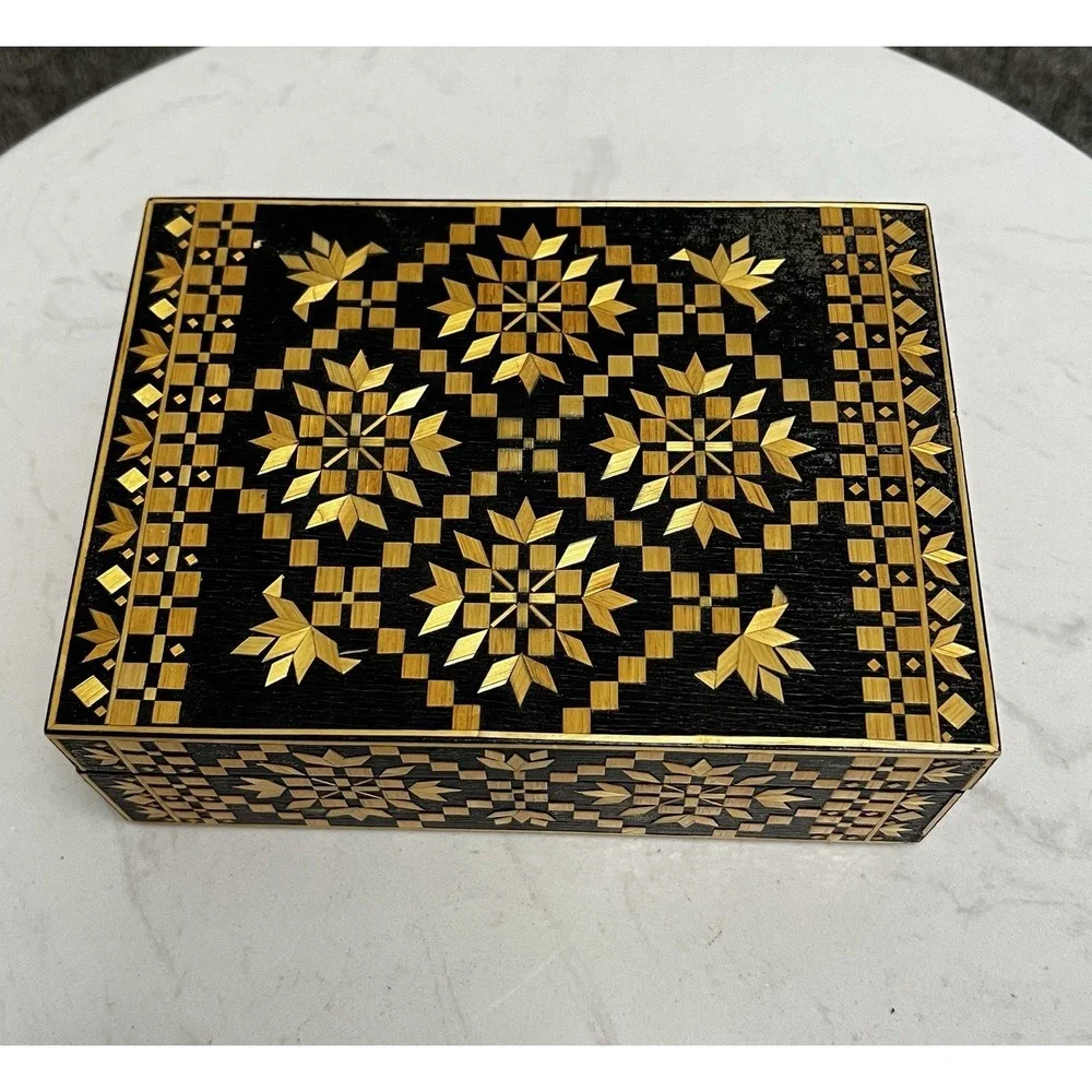 Vtg USSR Straw Marquetry Inlay Wood Jewelry Trinket Box Russia Folk‎ Art Boho