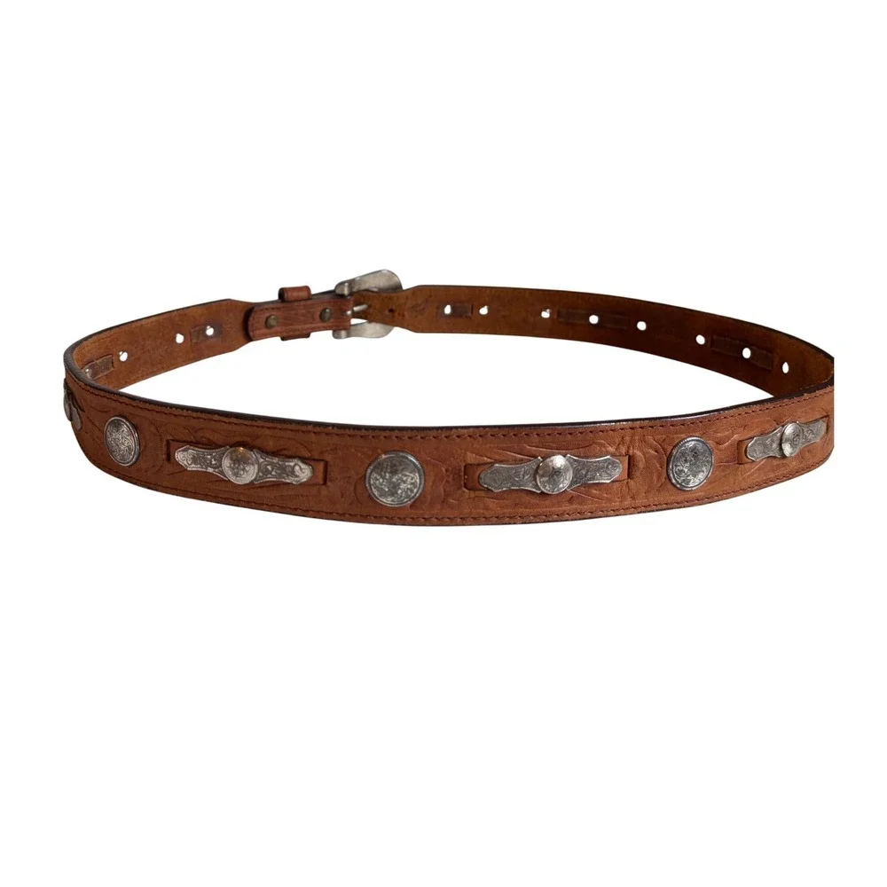 Vintage Leegin 1993 Mens Brown Tooled Leather Western Concho Ranger Belt Size 40