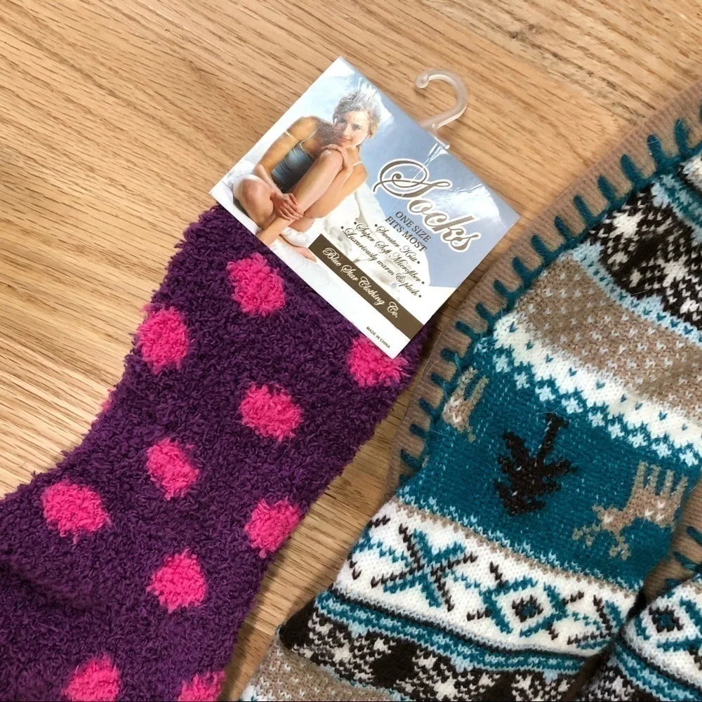 Fuzzy Sock Bundle Boot Socks Winter Cozy Women’s Polka Dot Purple Pink Blue