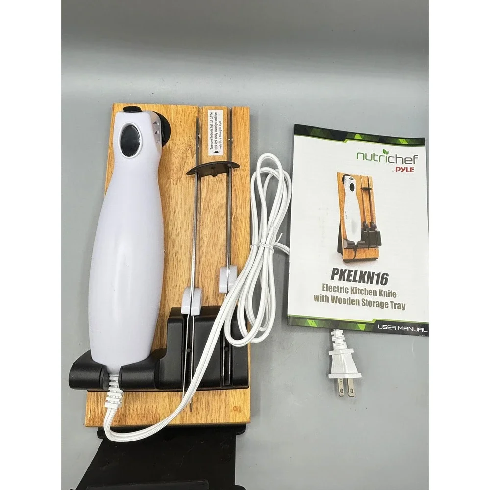 NutriChef PKELKN16 Electric Kitchen Knife with Wooden Storage Tray White‎