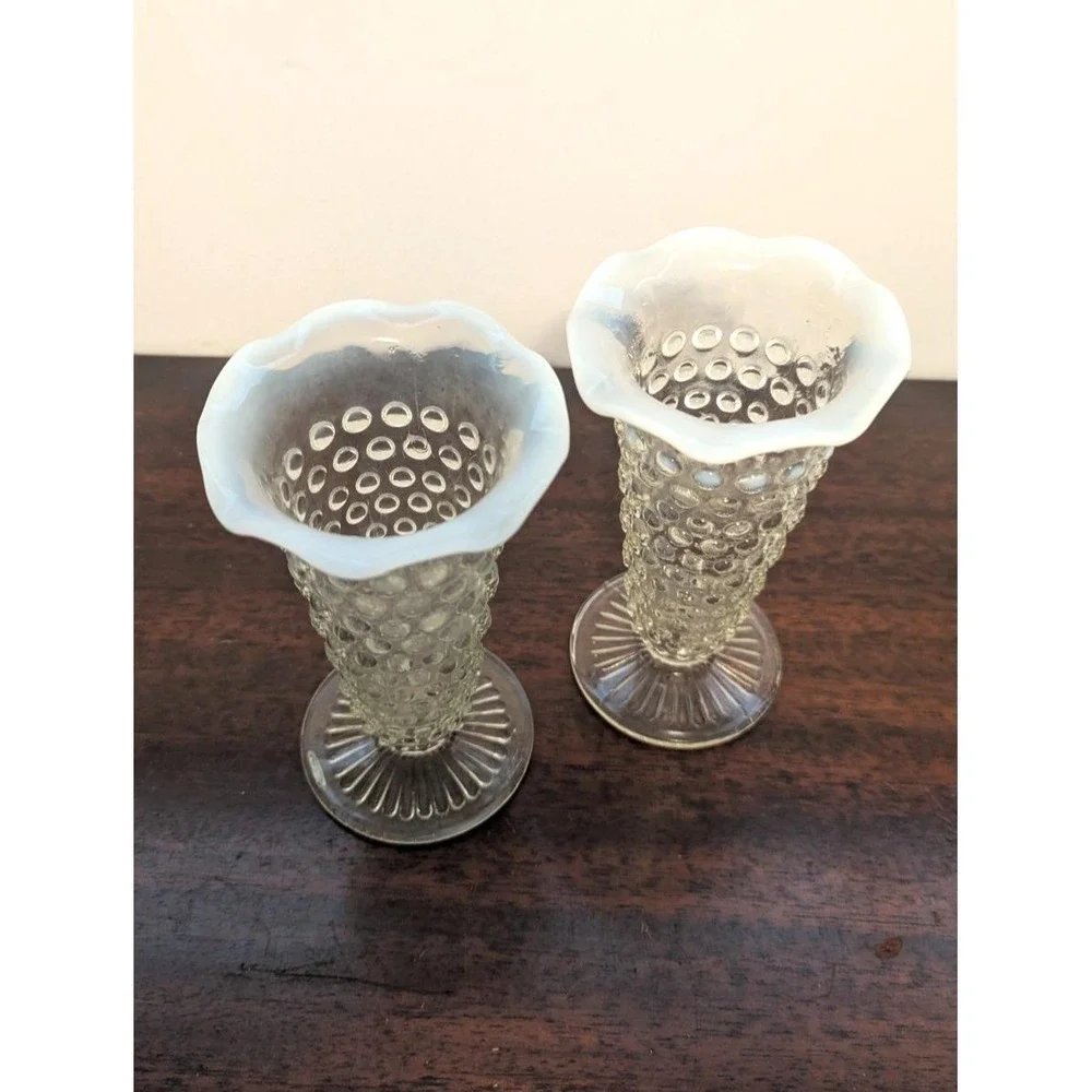 4pc Vintage Fenton Style Hobnail Glass Opalescent White Vases Candle Holders