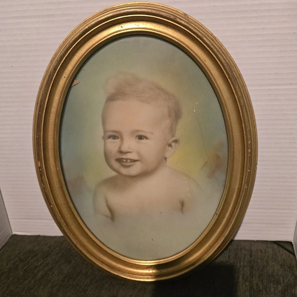 Vintage Oval Gold Gilt Wood Frame Antique Baby Portrait