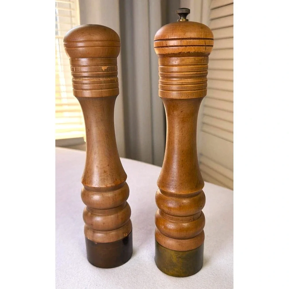 Vintage Salt Shaker Pepper Grinder Set 9.75in Brown Wood Brass MCM CottageCore