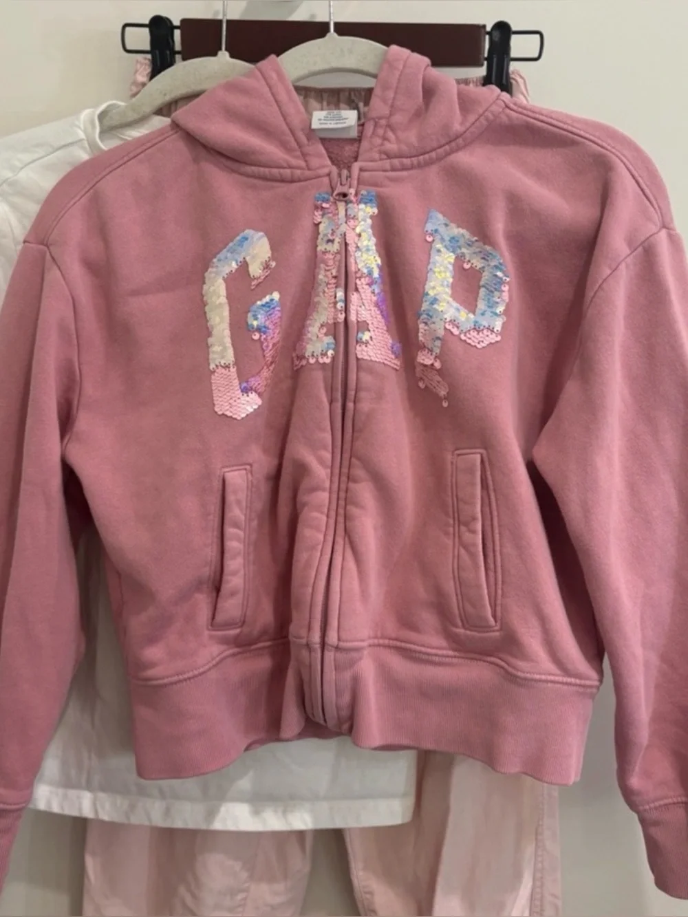 Gap Girls’ Zip-Up Hoodie Pink Sequin Logo Size XL