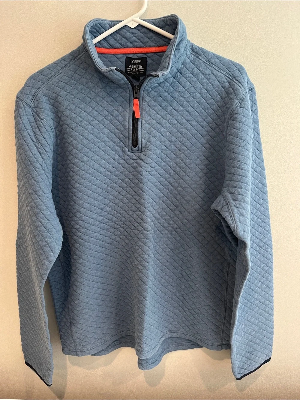 J. Crew Men's Quilted Light Blue Half-Zip Sweater with Coral Zip Pull