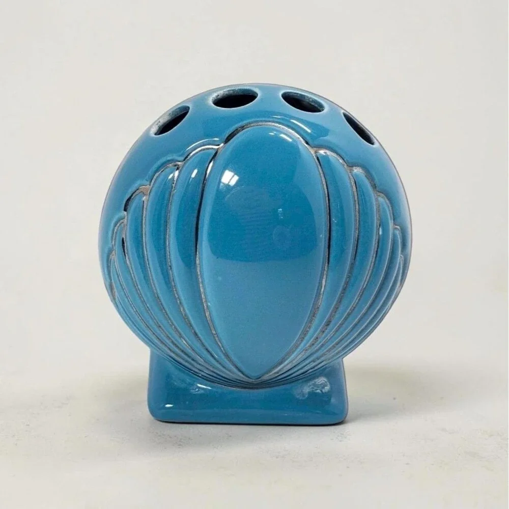 Vintage Blue Silver Seashell Toothbrush Holder Ceramic Nautical Beach Bathroom