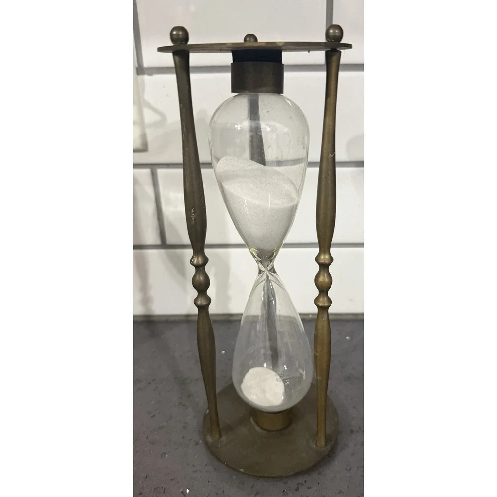 Vtg Brass & Glass Hourglass Sand Timer White Sand