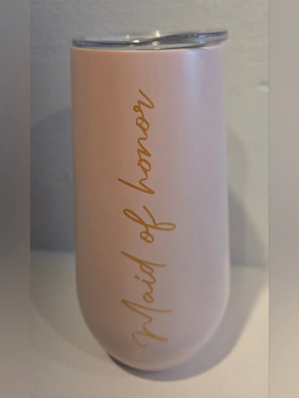 Maid of Honor Light Pink Champagne Tumbler with Gold Script