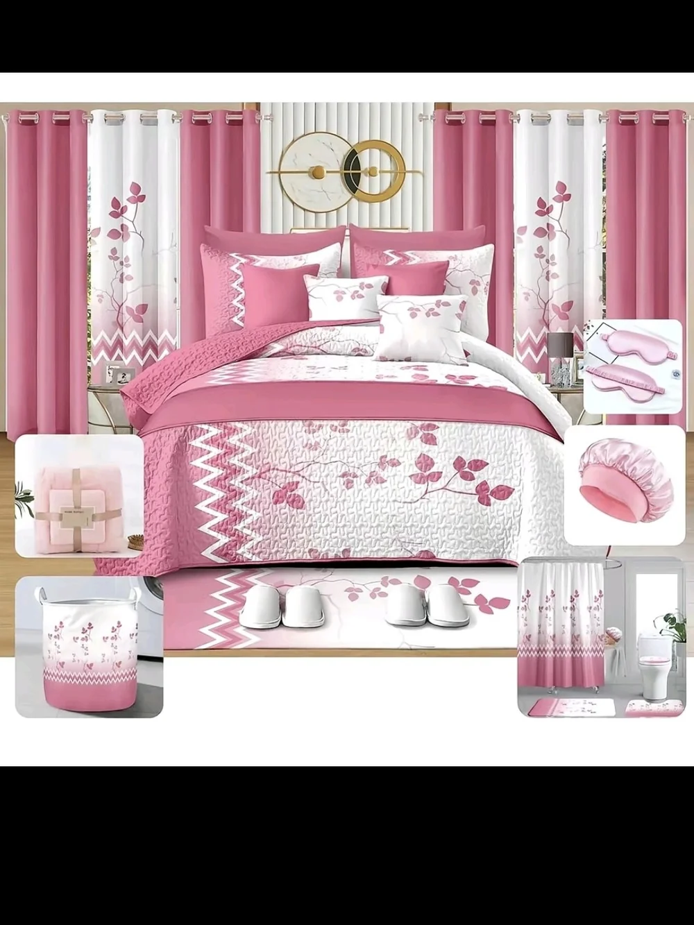 Pink Blossom 7-Piece Bedding Set with Curtains - Floral Comfort