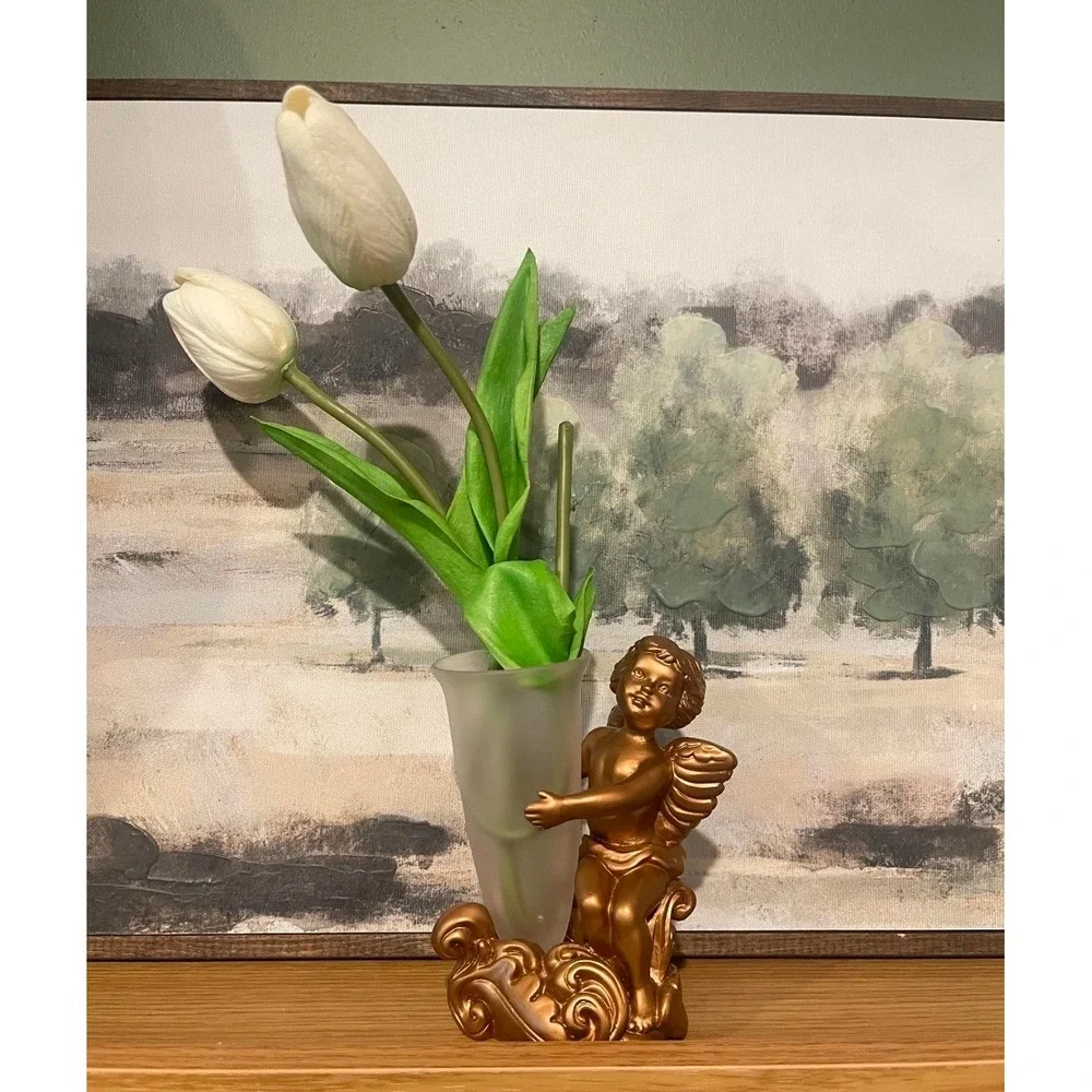 Vintage‎ Gold Cherub Angel Bud Vase Frosted Glass Insert Figurine Decor