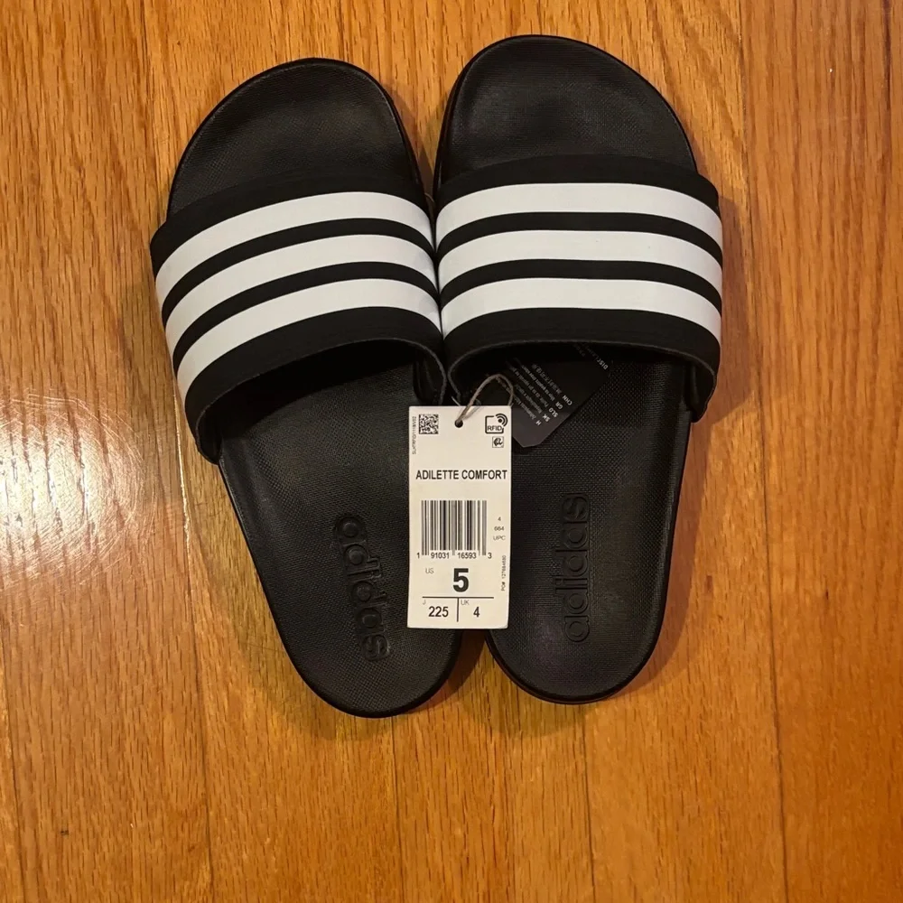 Adidas Kids Black Slides with White Stripes