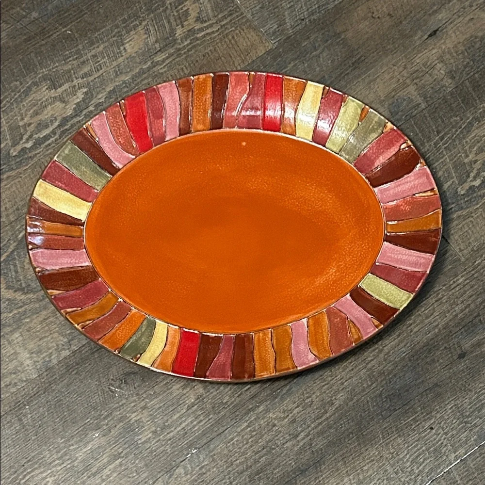 Pier 1 Imports Wavy Stripe Oval Serving Platter Handpainted Stoneware‎ 16
