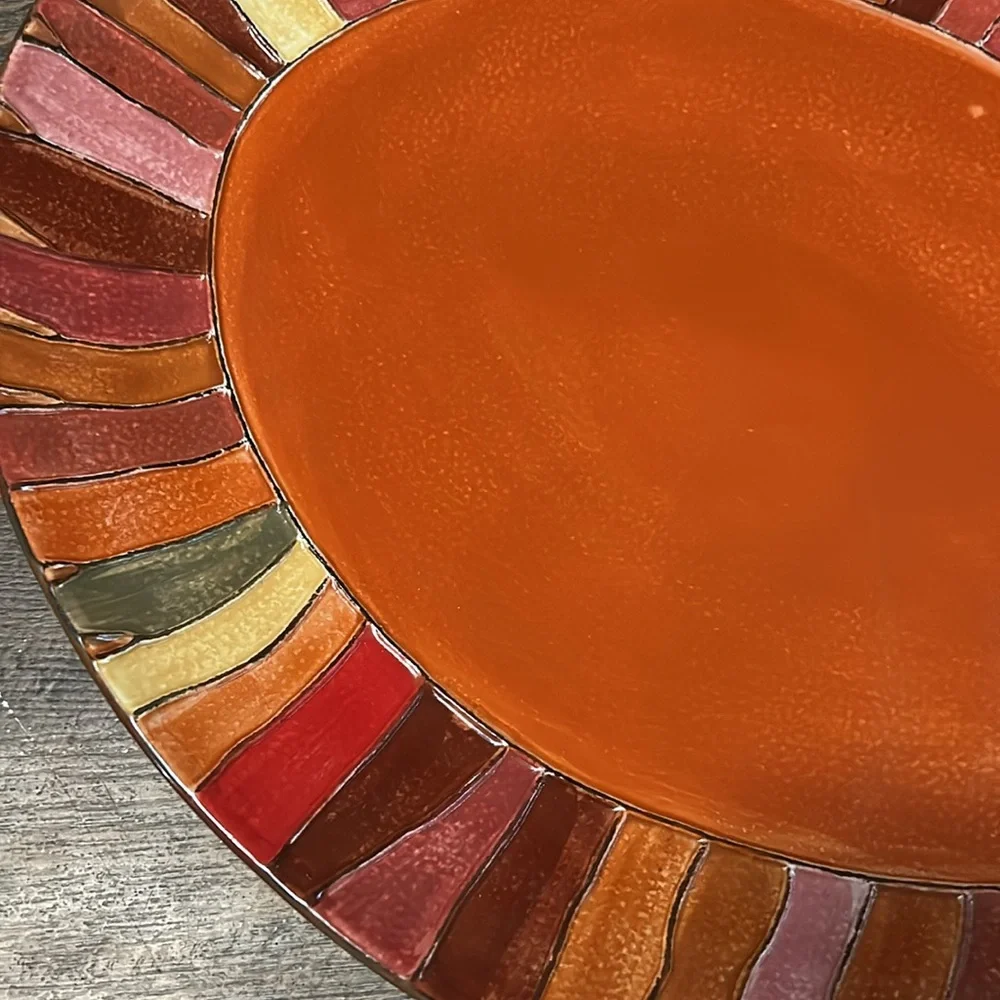 Pier 1 Imports Wavy Stripe Oval Serving Platter Handpainted Stoneware‎ 16