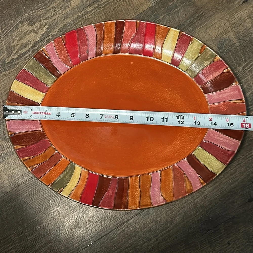 Pier 1 Imports Wavy Stripe Oval Serving Platter Handpainted Stoneware‎ 16
