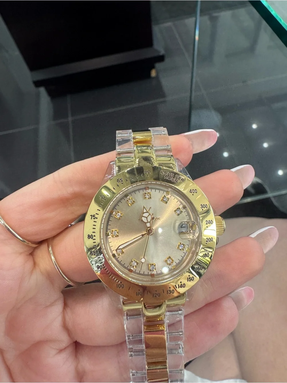 New ToyWatch Clear Acrylic Gold Tone Crystal Dial Dress Watch