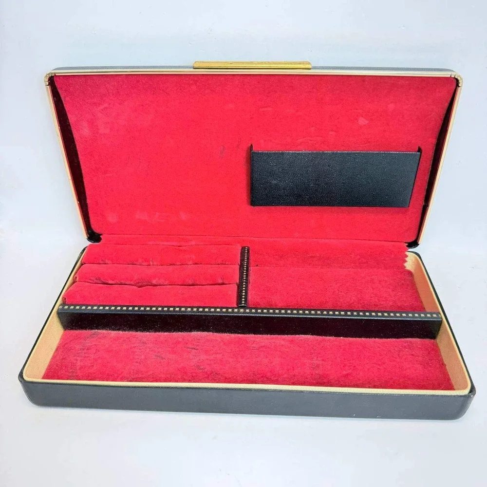 Vintage Black and Gold Jewelry Box Red Velvet Lined Hard Shell Organizer Case
