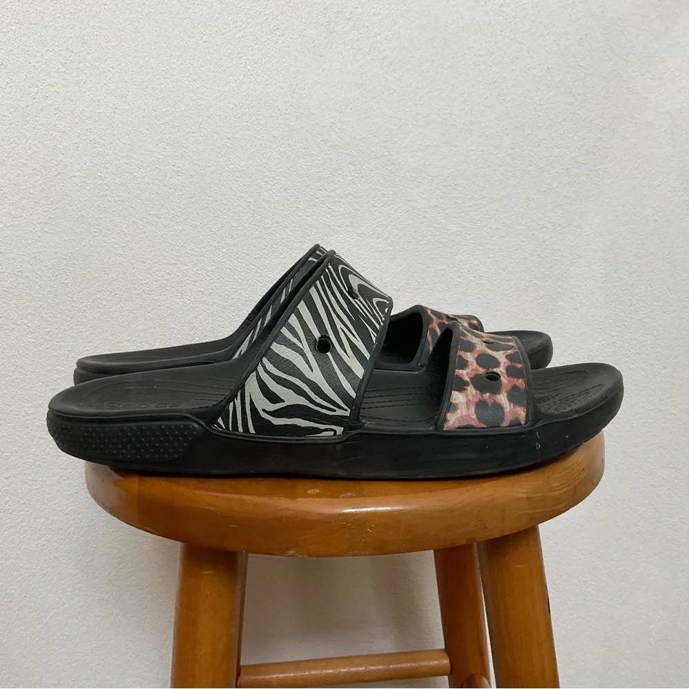 Crocs Leopard, Zebra Print 2 Strap Slide Sandals Size 13 Men's Water Pool Beach