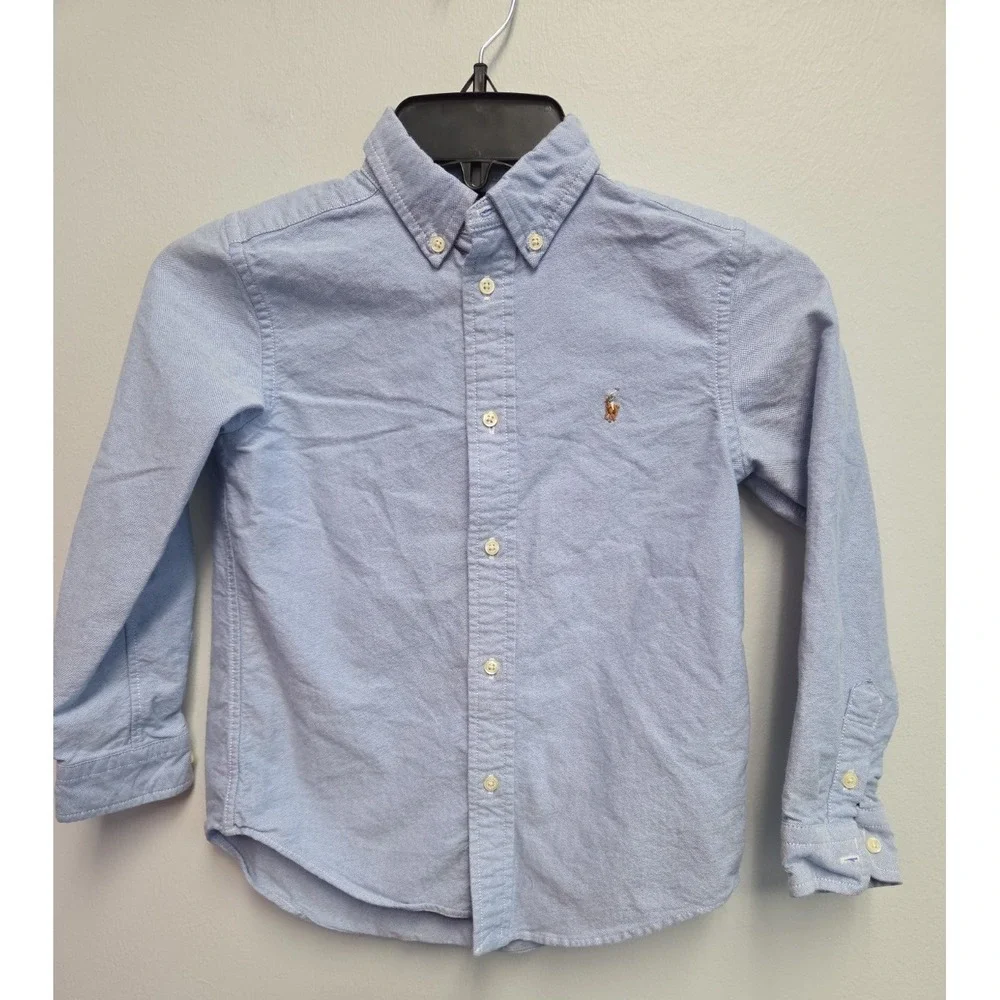 Ralph Lauren Boys‎ Button Down Oxford Shirt Sz 7 LS Flesh Pony Logo Blue