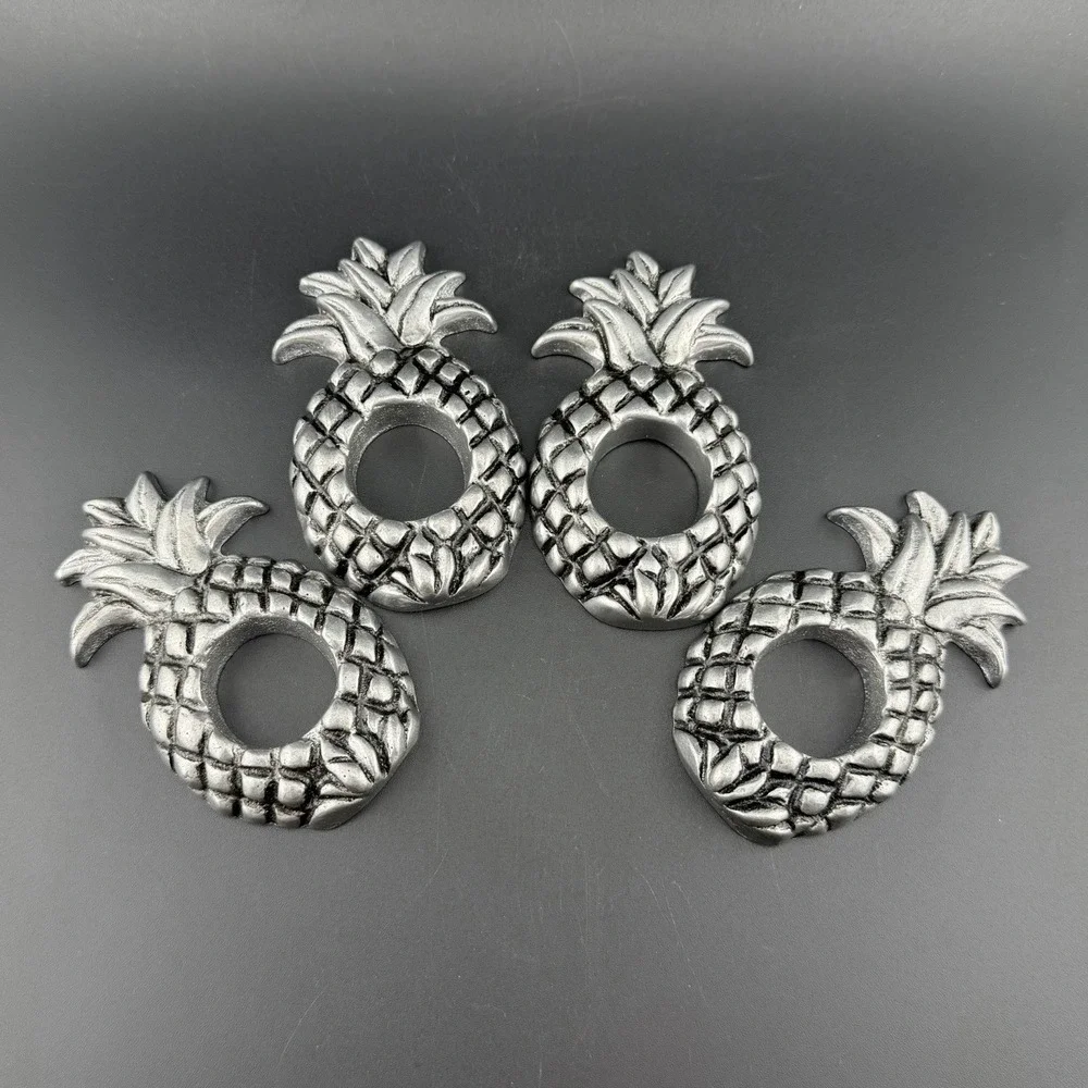 Vintage Pewter Pineapple Napkin Ring Holders Set Of 4 Coastal Dining Decor