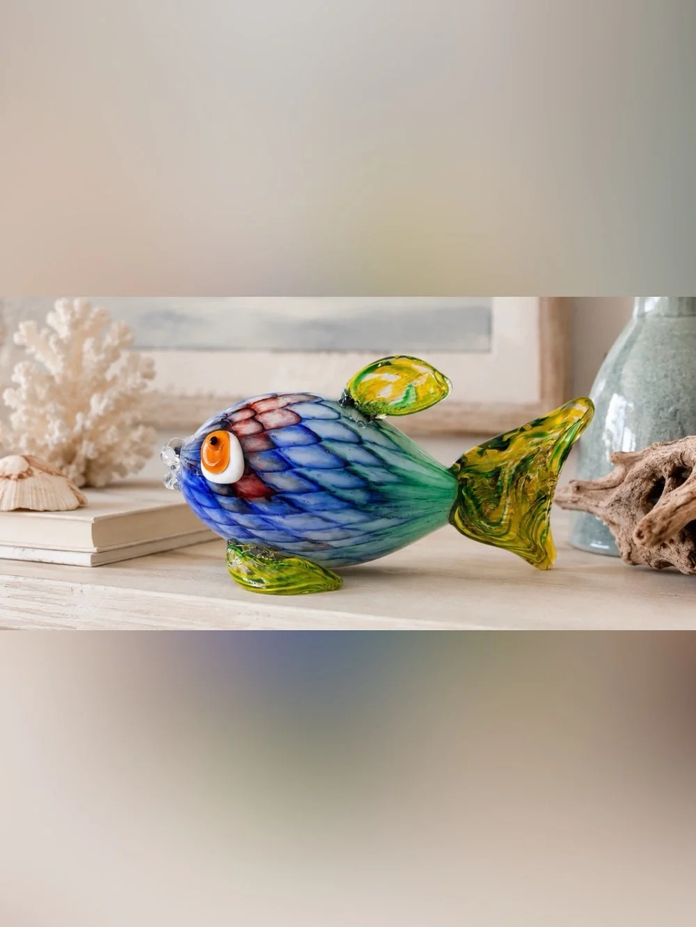 Handblown Art Glass Fish Figurine 9” Blue Green Yellow Coastal Ocean Decor
