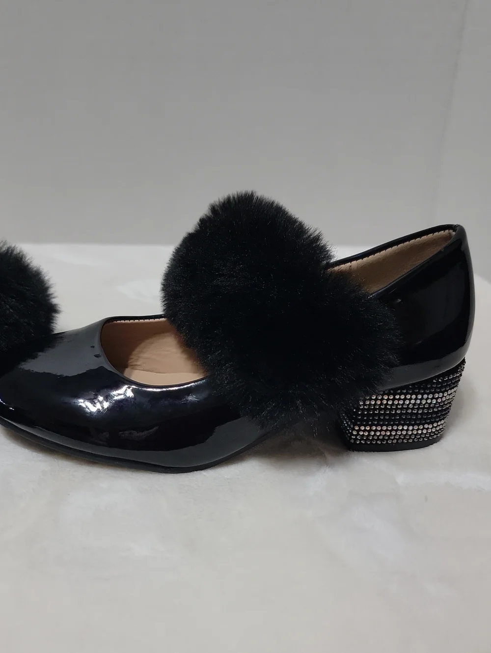 NwotGirls Black Patent Faux Fur Dress Shoes. Sz.2