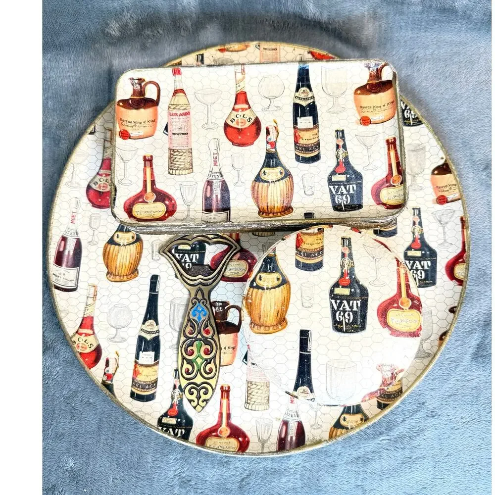 1950's Lot 18 Piece Barware Set Liquor Bottle Design Tray Plates Bottle Opener