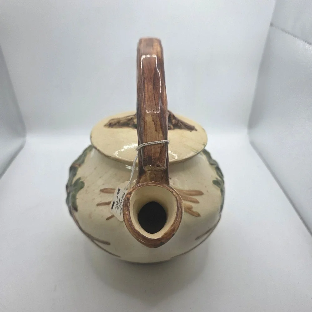 McCoy Pottery Ivy Teapot 1940s Raised Green Leaves Branch Handle w/ Lid
