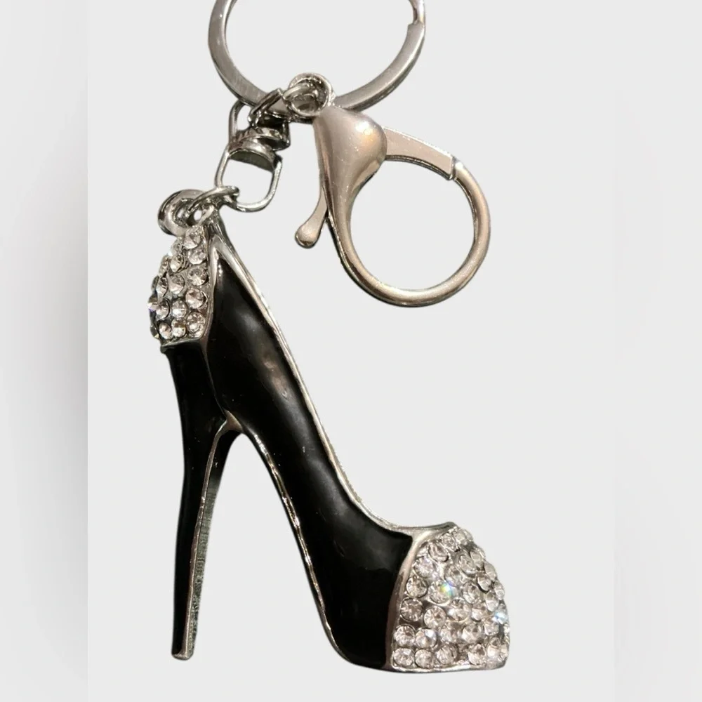 Black Rhinestone High Heel Stiletto Bag Charm Keychain Silver Tone