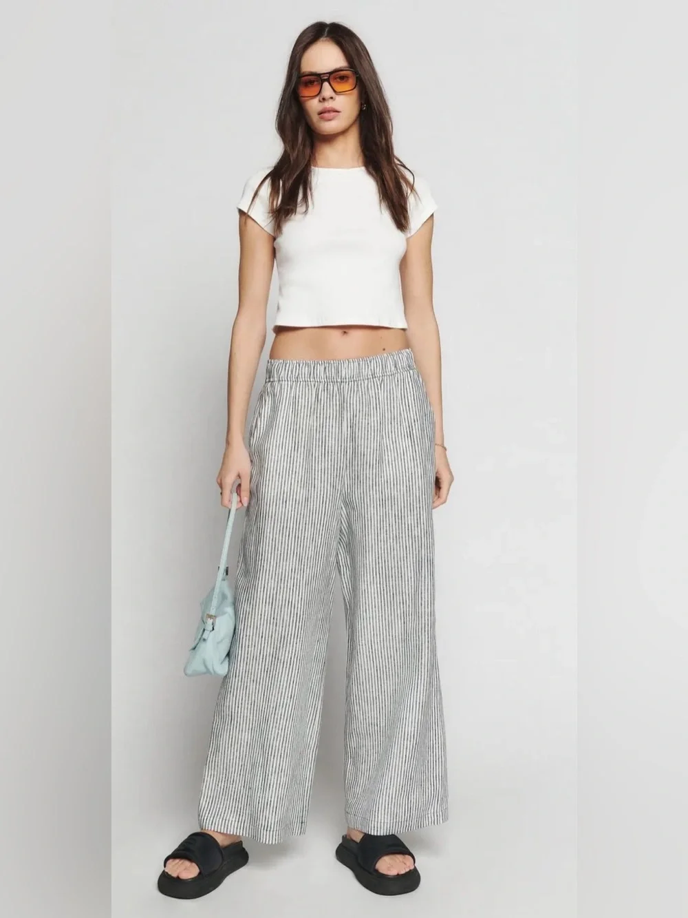 Reformation Ava Stripe black and white Wide Leg 100% Linen pant XS