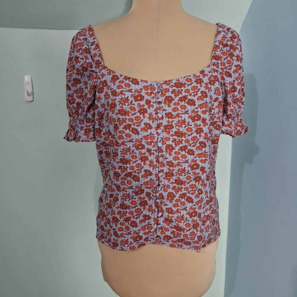 Madewell Floral Feminine Dainty Button-Front Puff Sleeve Top Blue Red Size 0
