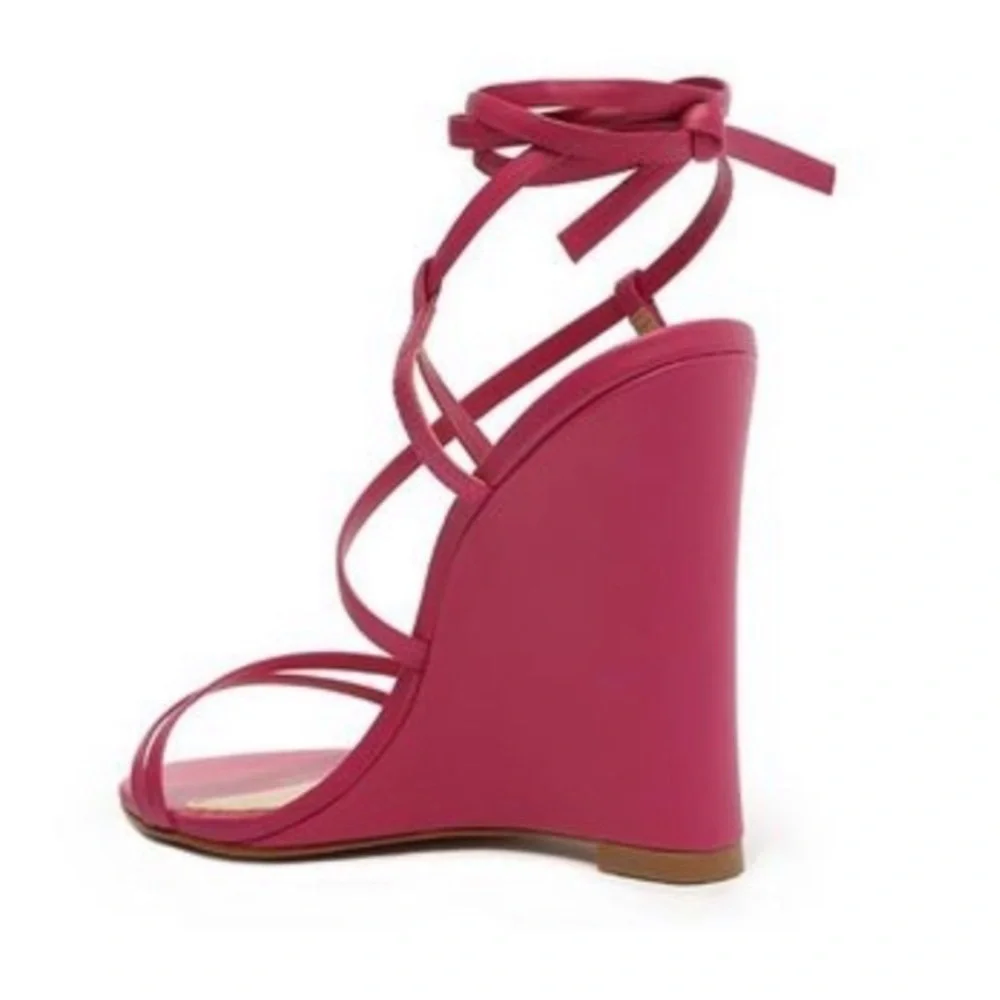 New Schutz Deonne Casual Nappa Leather Sandal Fuchsia Pink Wedge Wrap Sz 7