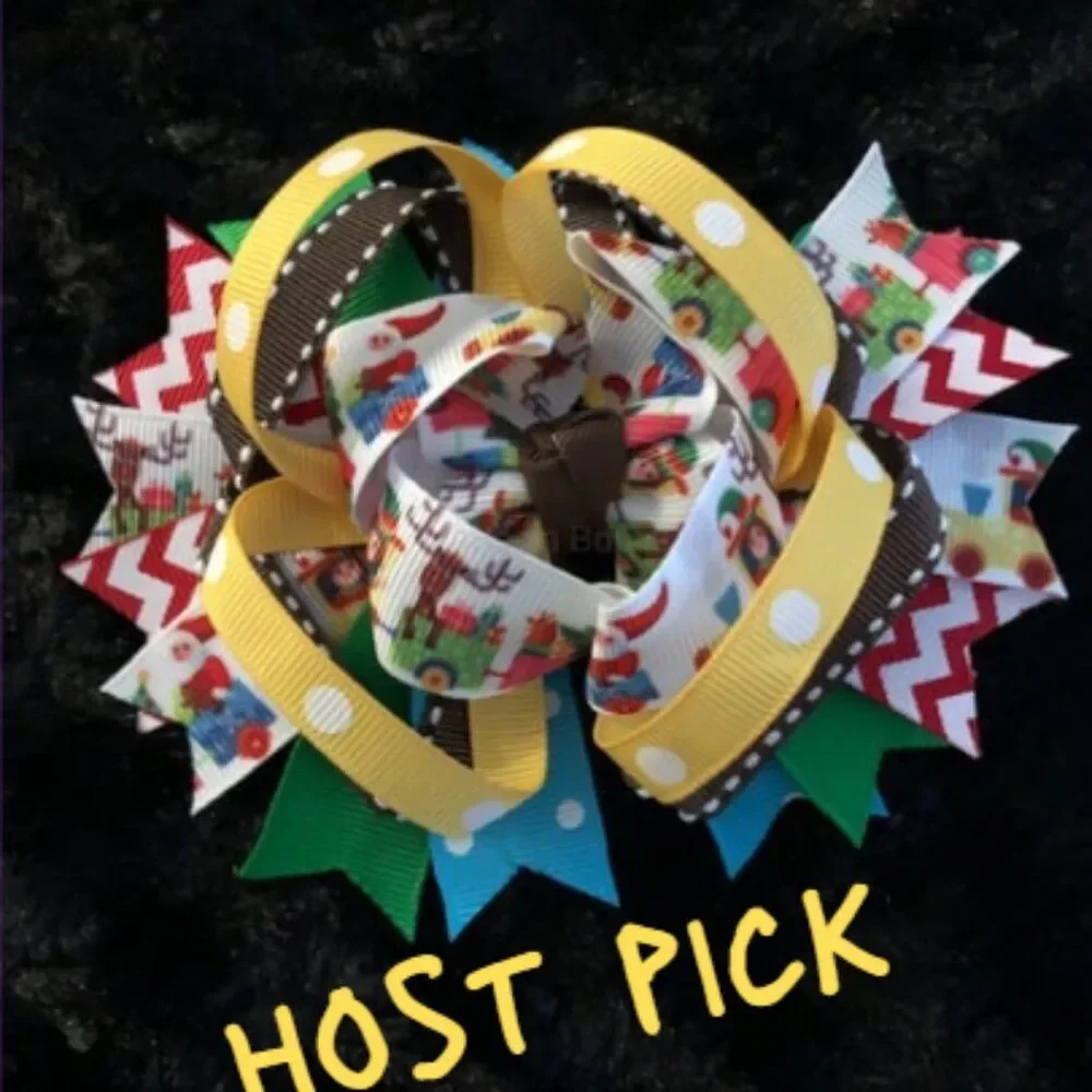 Brown & Yellow Holiday Train Boutique Deluxe Bow  5B2547  HANDCRAFTED  NWT