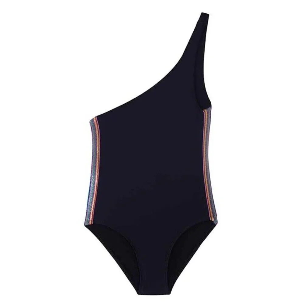 PilyQ Girls One Shoulder One Piece Swimsuit in Midnight / Gold Rainbow NWT