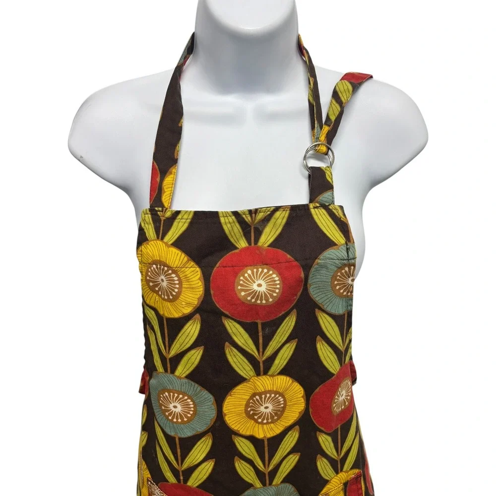 Now Designs Retro Floral Cotton Chef Apron Brown Red Yellow Blue MCM Pocket