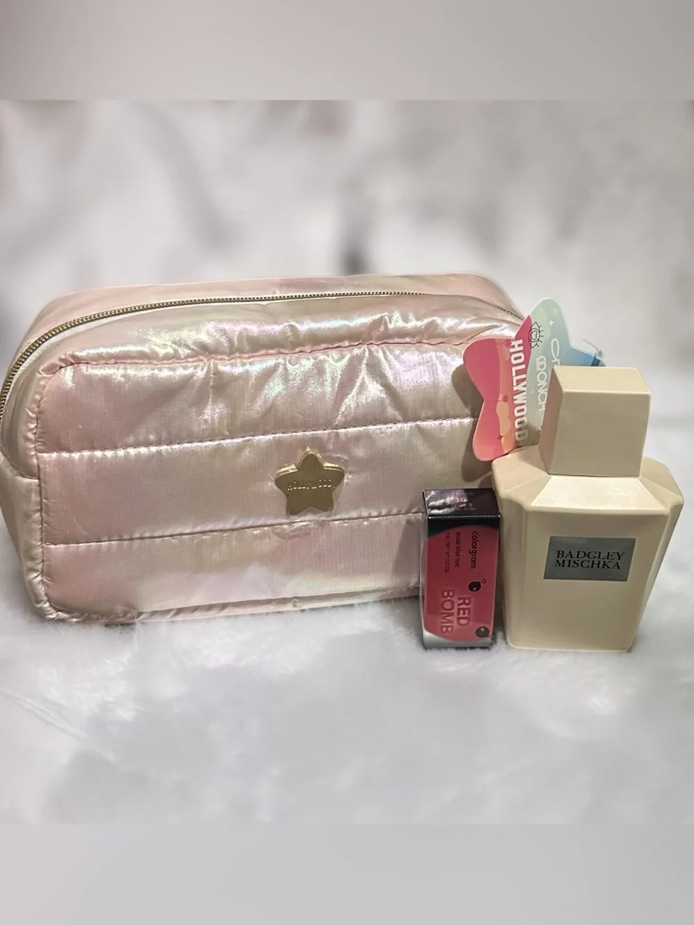 LIMITED EDITION The Crème Shop Iridescent Quilted Cosmetic Pouch bundle