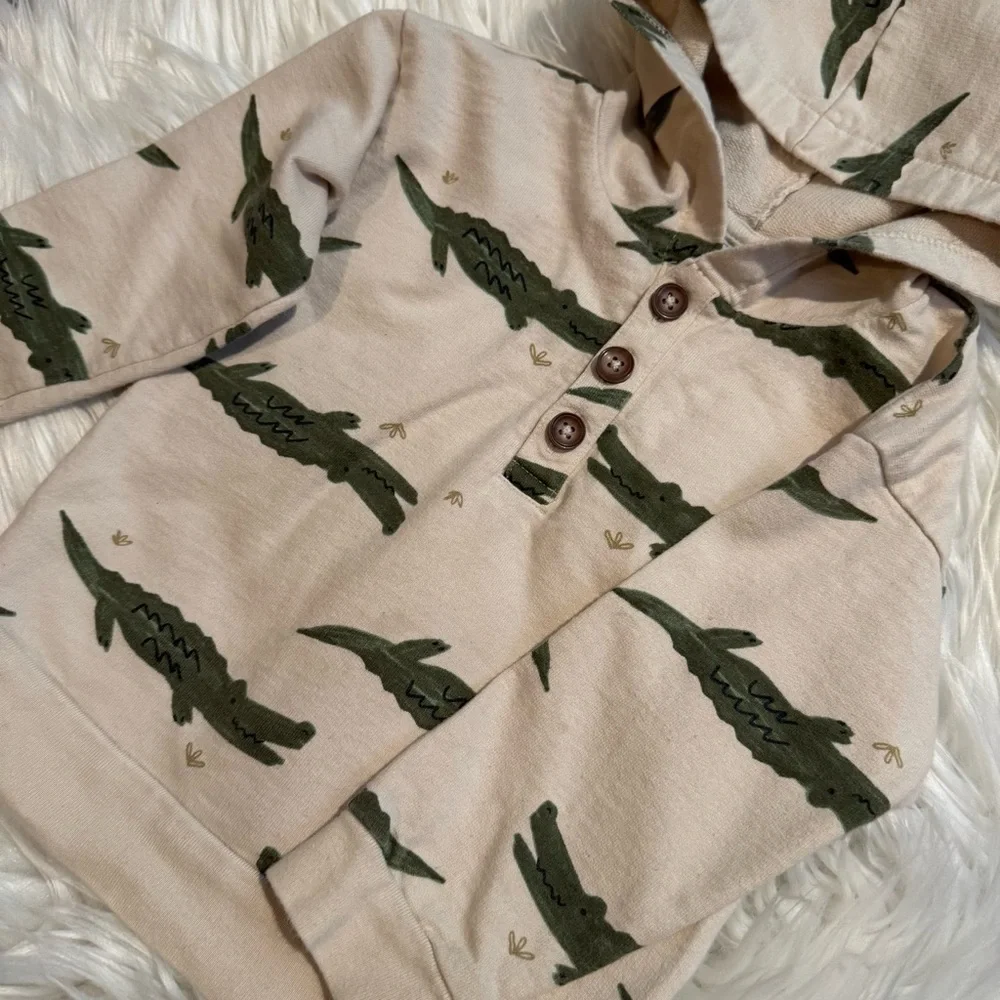 Carter’s Baby Boy Hoodie 18M Beige‎ Alligator Print Hooded Sweatshirt EUC
