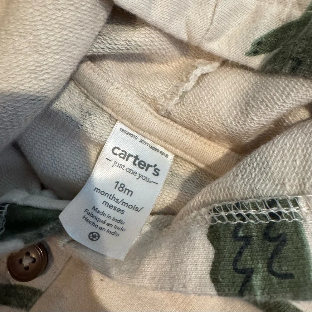 Carter’s Baby Boy Hoodie 18M Beige‎ Alligator Print Hooded Sweatshirt EUC