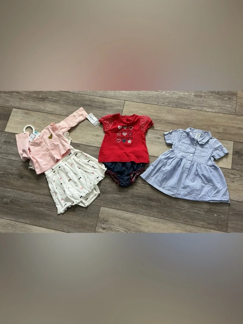 Baby outfit sets by Carter's & Tommy Hilfiger. NWT Carters dress & 2 like new